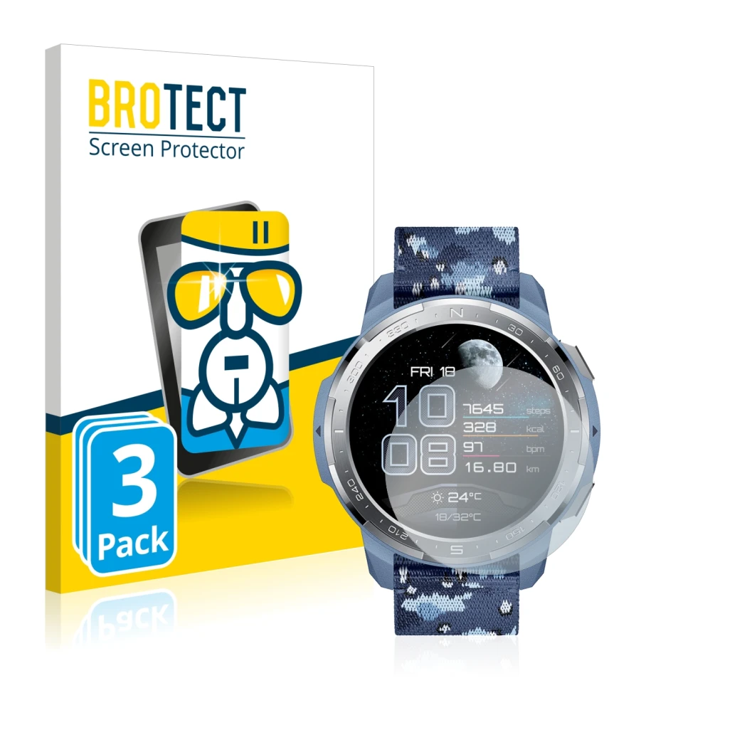 Face avant d’un emballage produit avec le logo de la marque BROTECT. À côté, l’appareil Honor Watch GS Pro est représenté avec