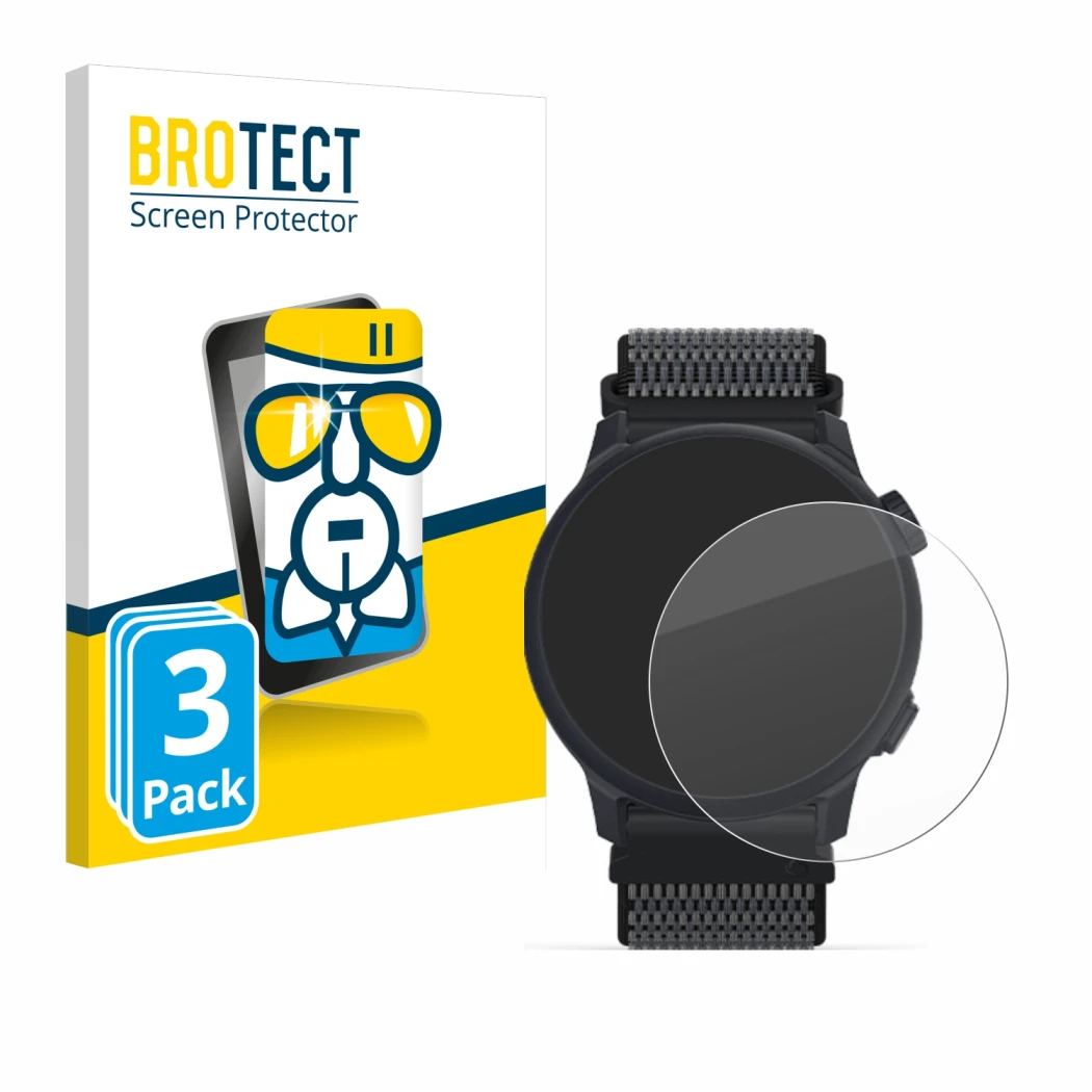 Face avant d’un emballage produit avec le logo de la marque BROTECT. À côté, l’appareil Coros Pace 2 est représenté avec la pr