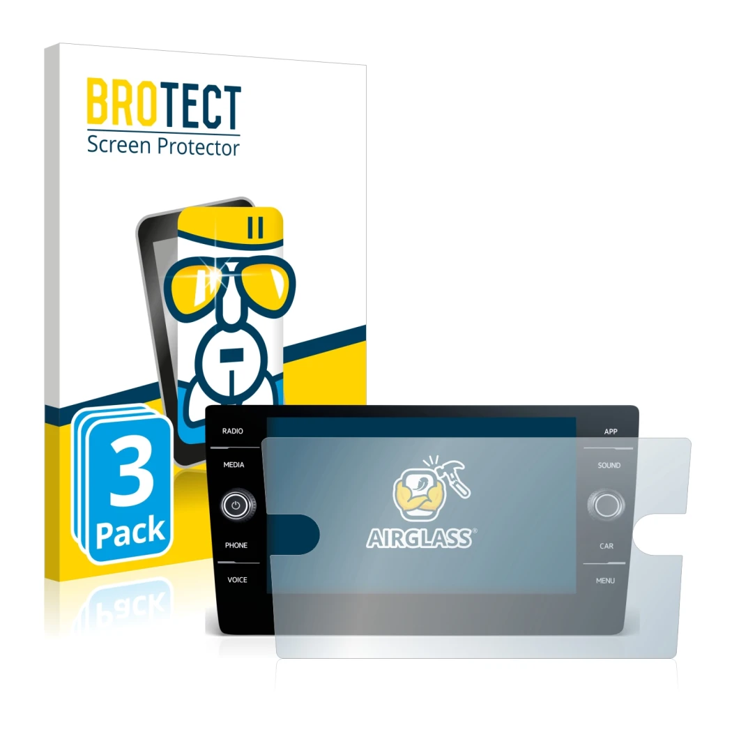 Face avant d’un emballage produit avec le logo de la marque BROTECT. À côté, l’appareil Volkswagen Tiguan R-Line TDI 2020 Disc