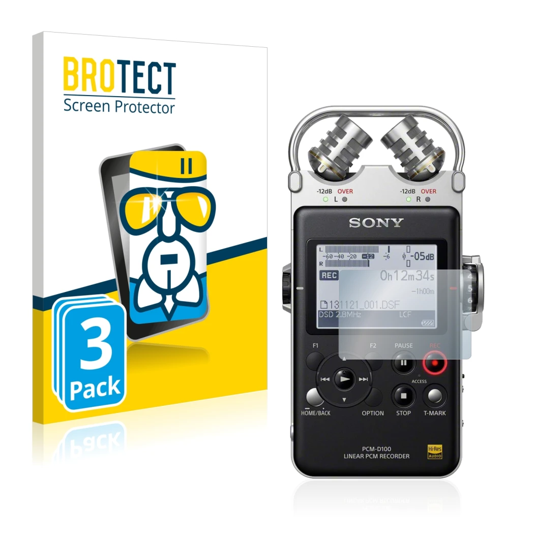 Face avant d’un emballage produit avec le logo de la marque BROTECT. À côté, l’appareil Sony PCM D100 est représenté avec la p