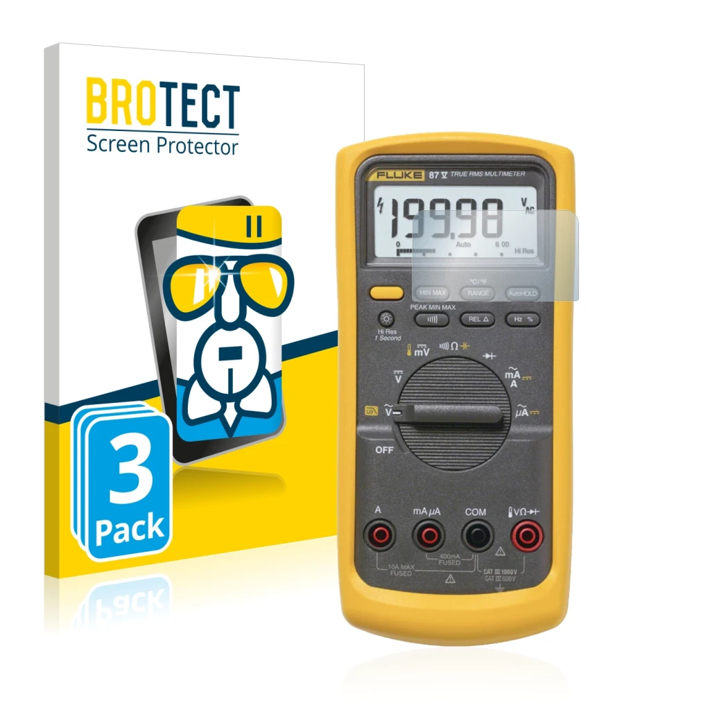 Face avant d’un emballage produit avec le logo de la marque BROTECT. À côté, l’appareil Fluke 87v est représenté avec la prote
