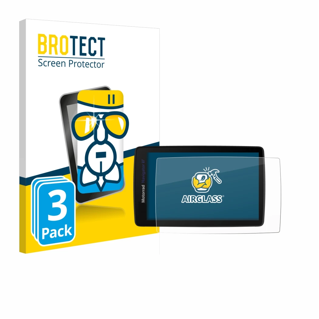 Face avant d’un emballage produit avec le logo de la marque BROTECT. À côté, l’appareil BMW Navigator VI est représenté avec l