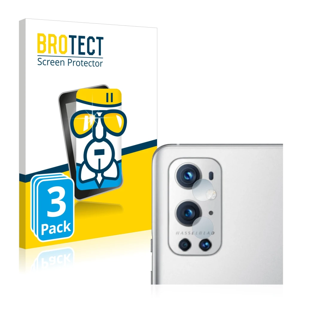 Face avant d’un emballage produit avec le logo de la marque BROTECT. À côté, l’appareil OnePlus 9 Pro (Caméra UNIQUEMENT) est 