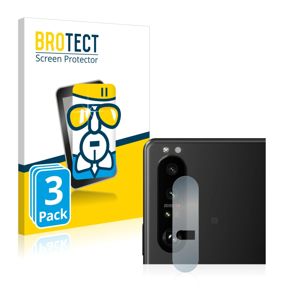 Face avant d’un emballage produit avec le logo de la marque BROTECT. À côté, l’appareil Sony Xperia 1 III (Caméra UNIQUEMENT) 