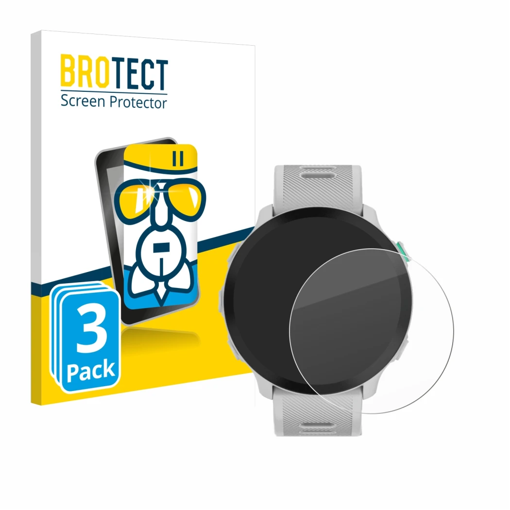 Face avant d’un emballage produit avec le logo de la marque BROTECT. À côté, l’appareil Garmin Forerunner 55 est représenté av