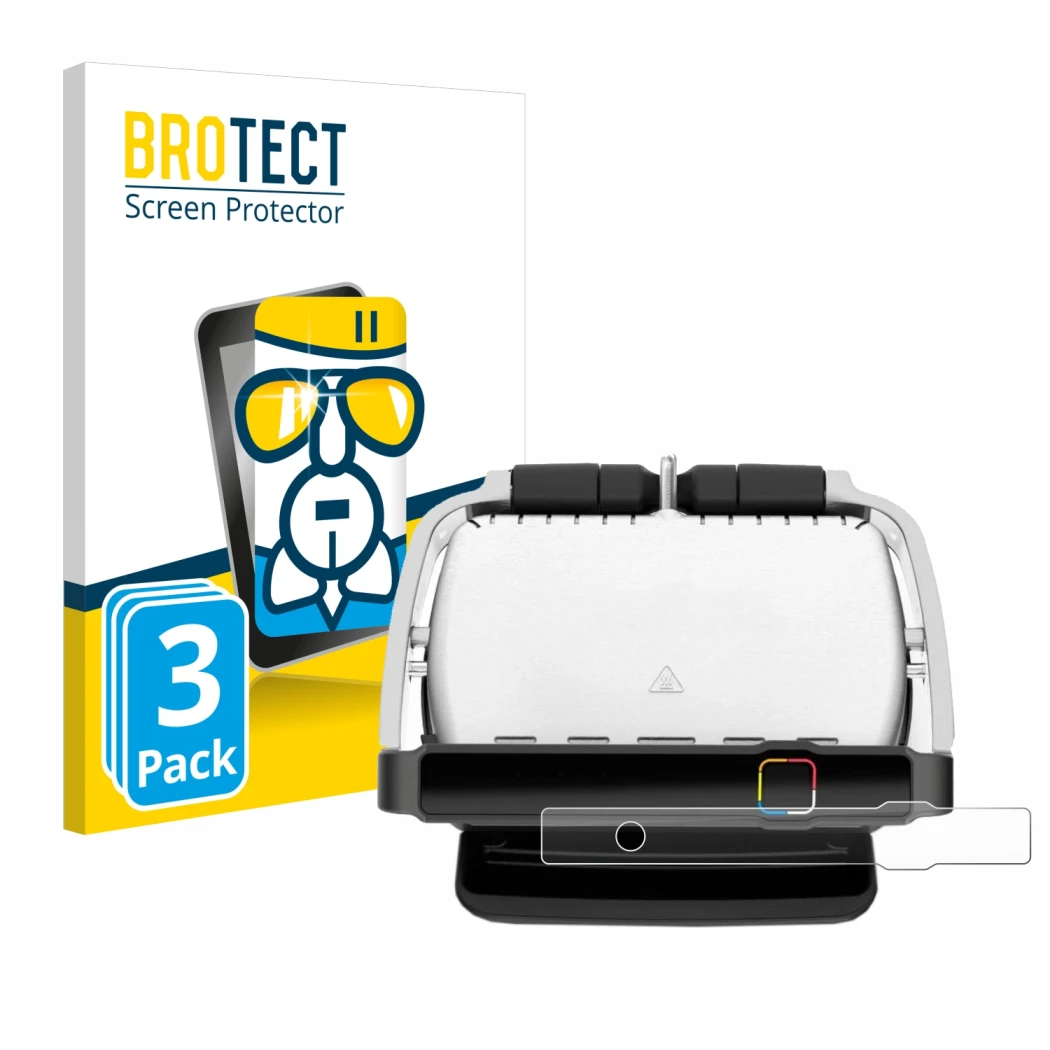 Face avant d’un emballage produit avec le logo de la marque BROTECT. À côté, l’appareil Tefal OptiGrill Elite est représenté a