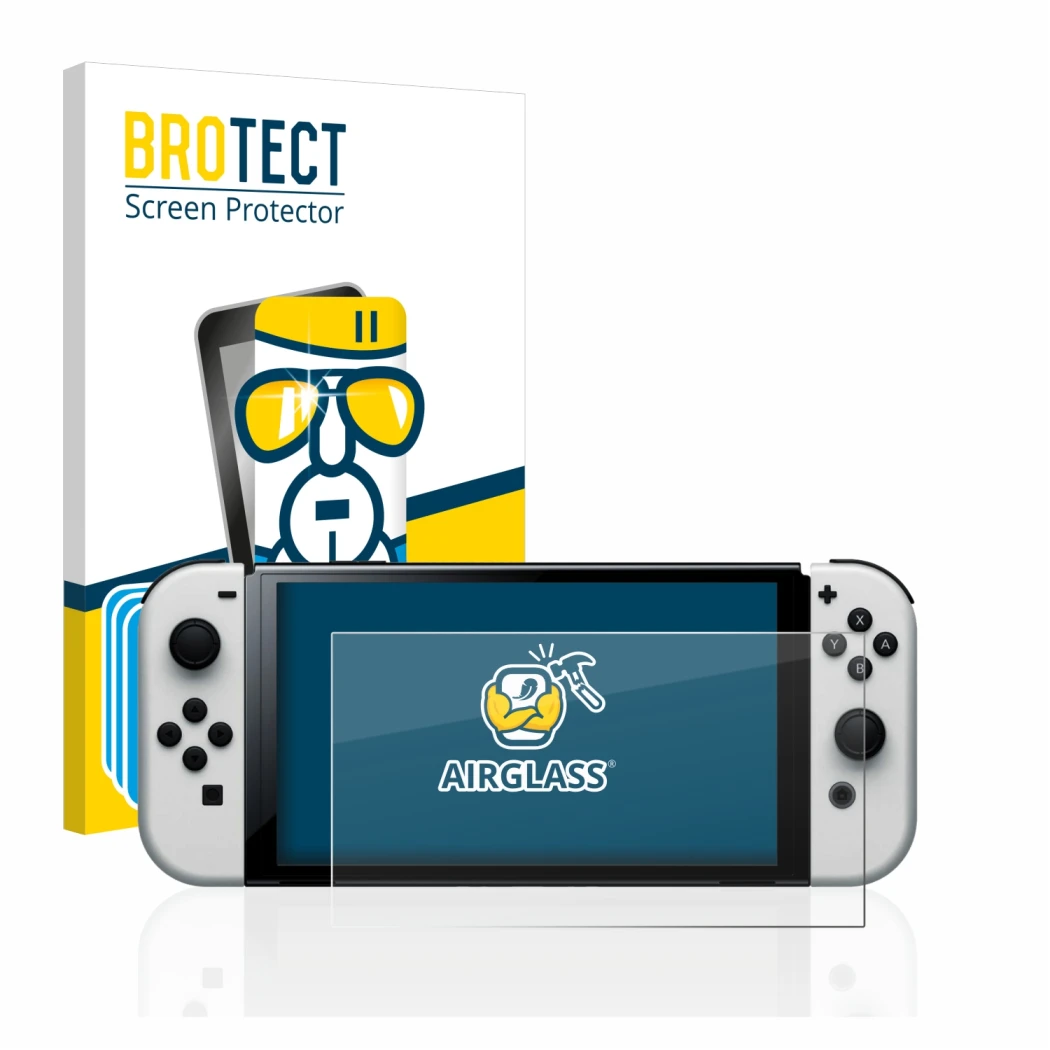 Face avant d’un emballage produit avec le logo de la marque BROTECT. À côté, l’appareil Nintendo Switch OLED-Modell est représ
