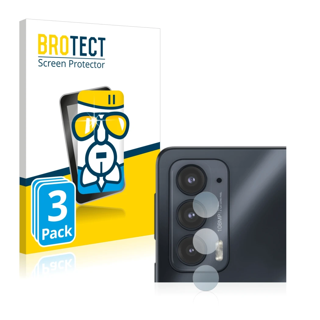 Face avant d’un emballage produit avec le logo de la marque BROTECT. À côté, l’appareil Motorola Edge 20 (Caméra UNIQUEMENT) e