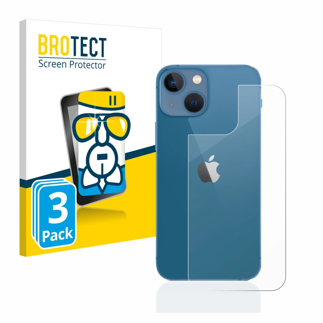 Face avant d’un emballage produit avec le logo de la marque BROTECT. À côté, l’appareil Apple iPhone 13 mini (Arrière) est rep