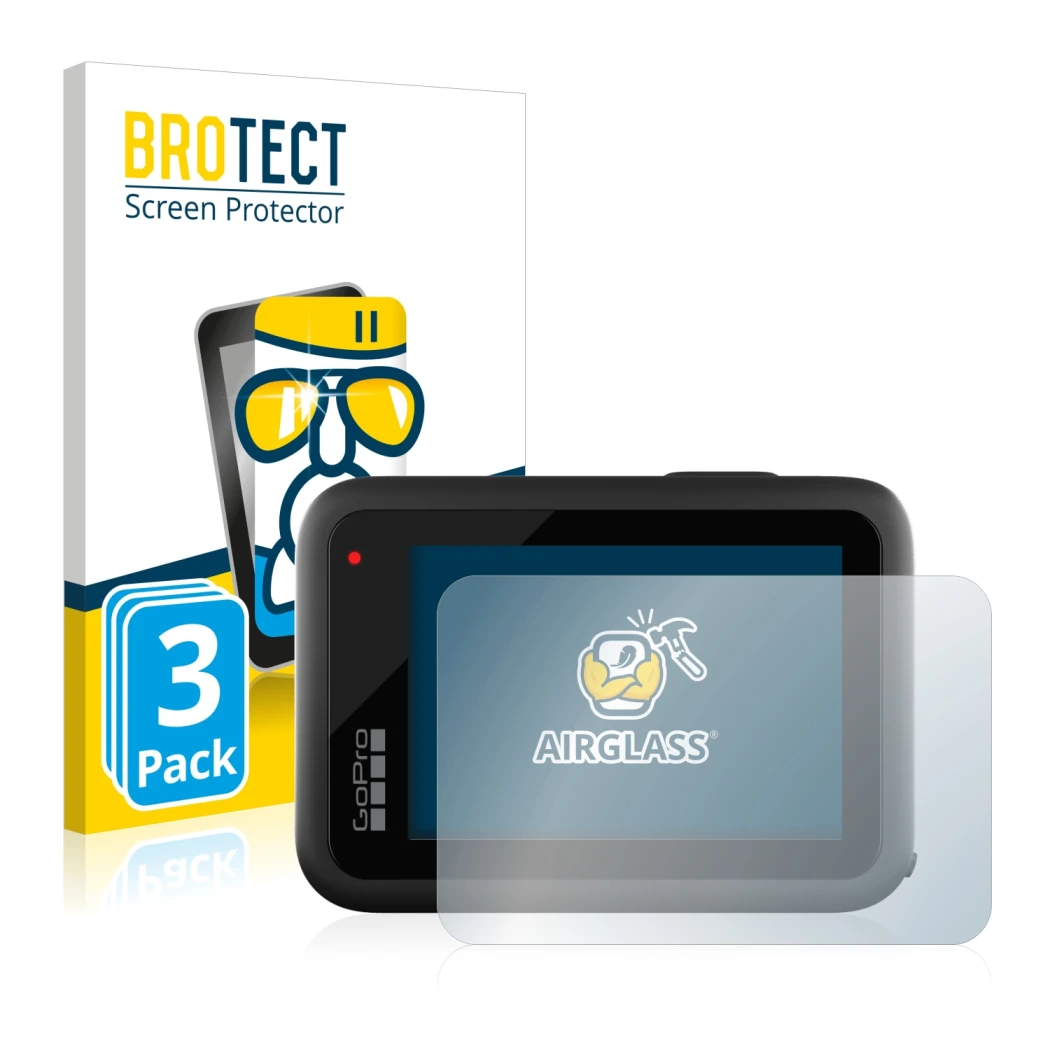 Face avant d’un emballage produit avec le logo de la marque BROTECT. À côté, l’appareil GoPro Hero 10 Black est représenté ave