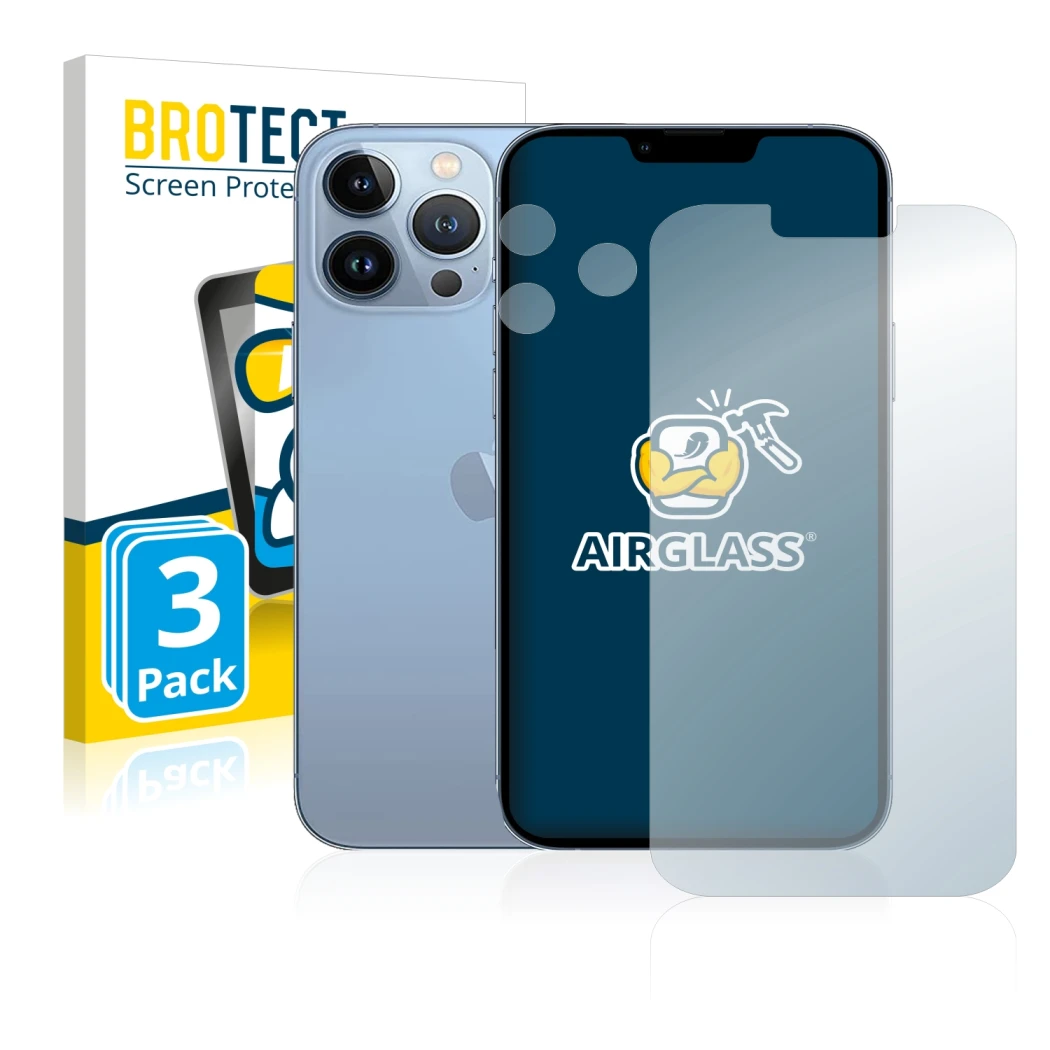 Face avant d’un emballage produit avec le logo de la marque BROTECT. À côté, l’appareil Apple iPhone 13 Pro Max (Avant+Caméra)