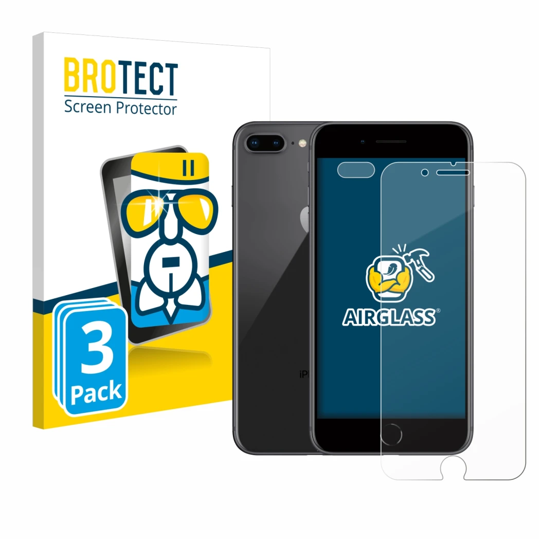 Face avant d’un emballage produit avec le logo de la marque BROTECT. À côté, l’appareil Apple iPhone 8 Plus (Avant+Caméra) est