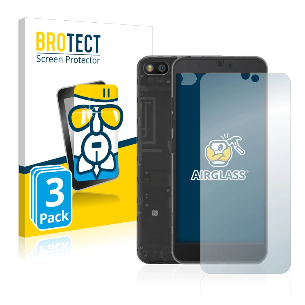 Face avant d’un emballage produit avec le logo de la marque BROTECT. À côté, l’appareil Fairphone 3 (Avant+Caméra) est représe