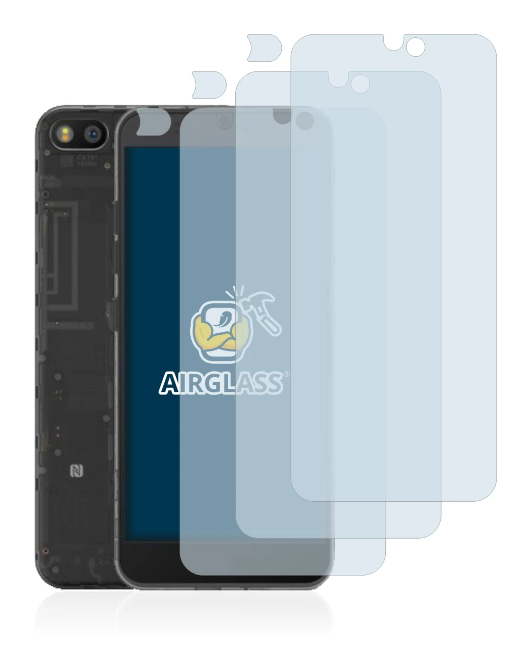 Image de l'appareil Fairphone 3 (Avant+Caméra) avec une grande variété de protections d'écran.