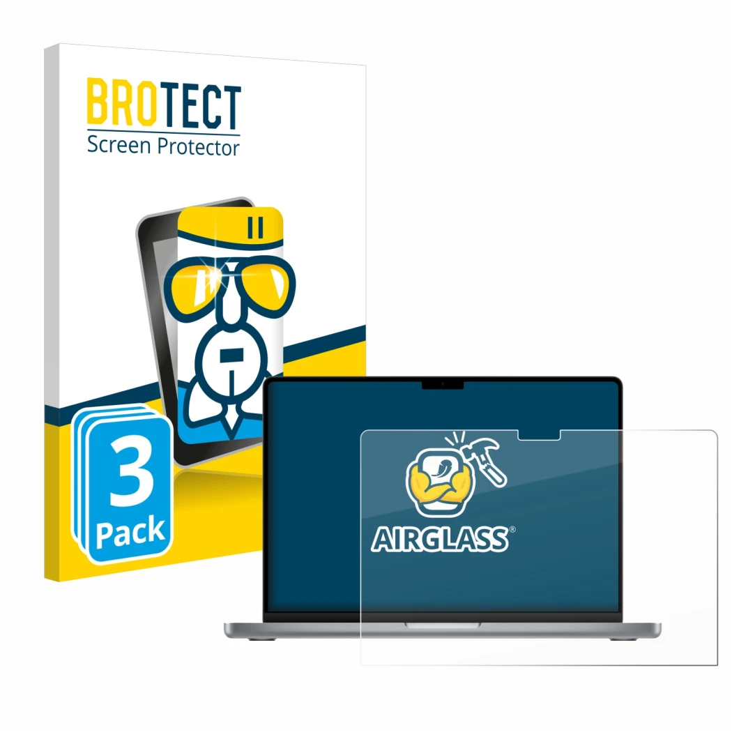 Face avant d’un emballage produit avec le logo de la marque BROTECT. À côté, l’appareil Apple MacBook Pro 14