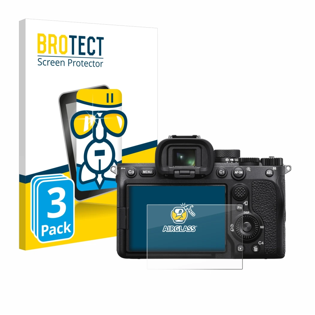 Face avant d’un emballage produit avec le logo de la marque BROTECT. À côté, l’appareil Sony Alpha 7 IV est représenté avec la