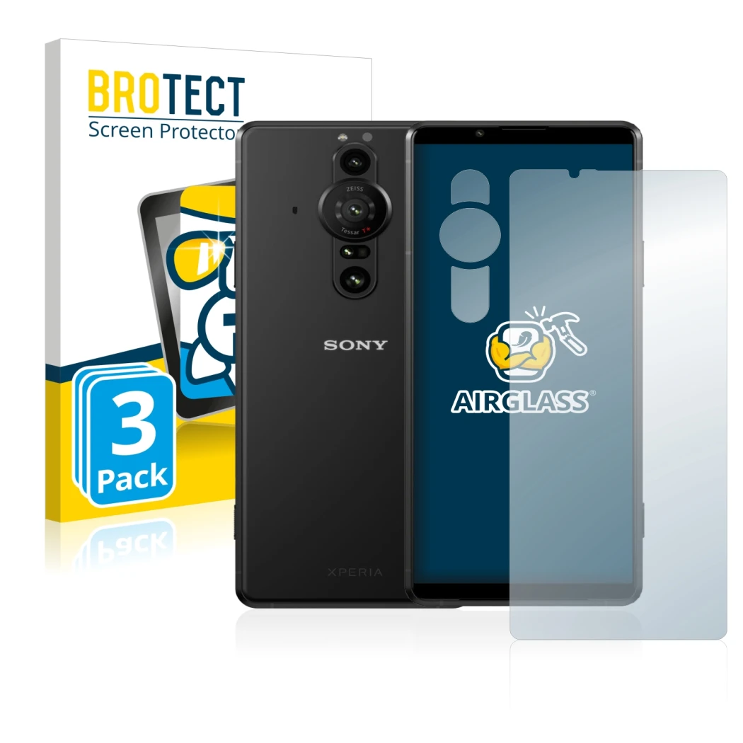 Face avant d’un emballage produit avec le logo de la marque BROTECT. À côté, l’appareil Sony Xperia Pro-I (Avant+Caméra) est r