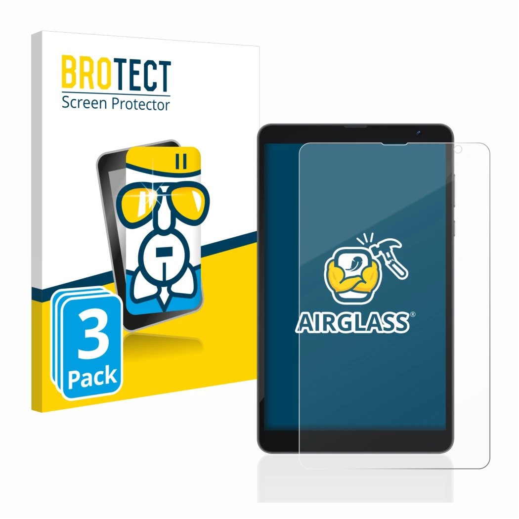 Face avant d’un emballage produit avec le logo de la marque BROTECT. À côté, l’appareil Blackview Tab 6 est représenté avec la