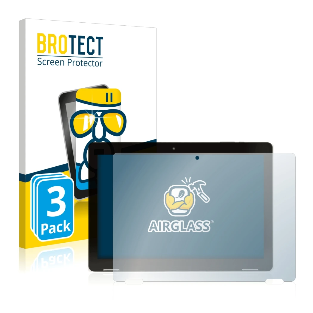 Face avant d’un emballage produit avec le logo de la marque BROTECT. À côté, l’appareil Hannspree Pad Apollo 2 est représenté