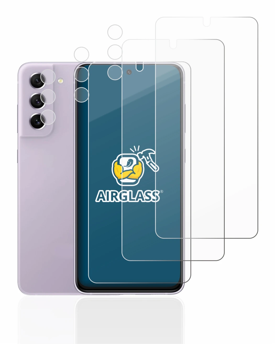 Image de l'appareil Samsung Galaxy S21 FE 5G (Avant+Caméra) avec une grande variété de protections d'écran.