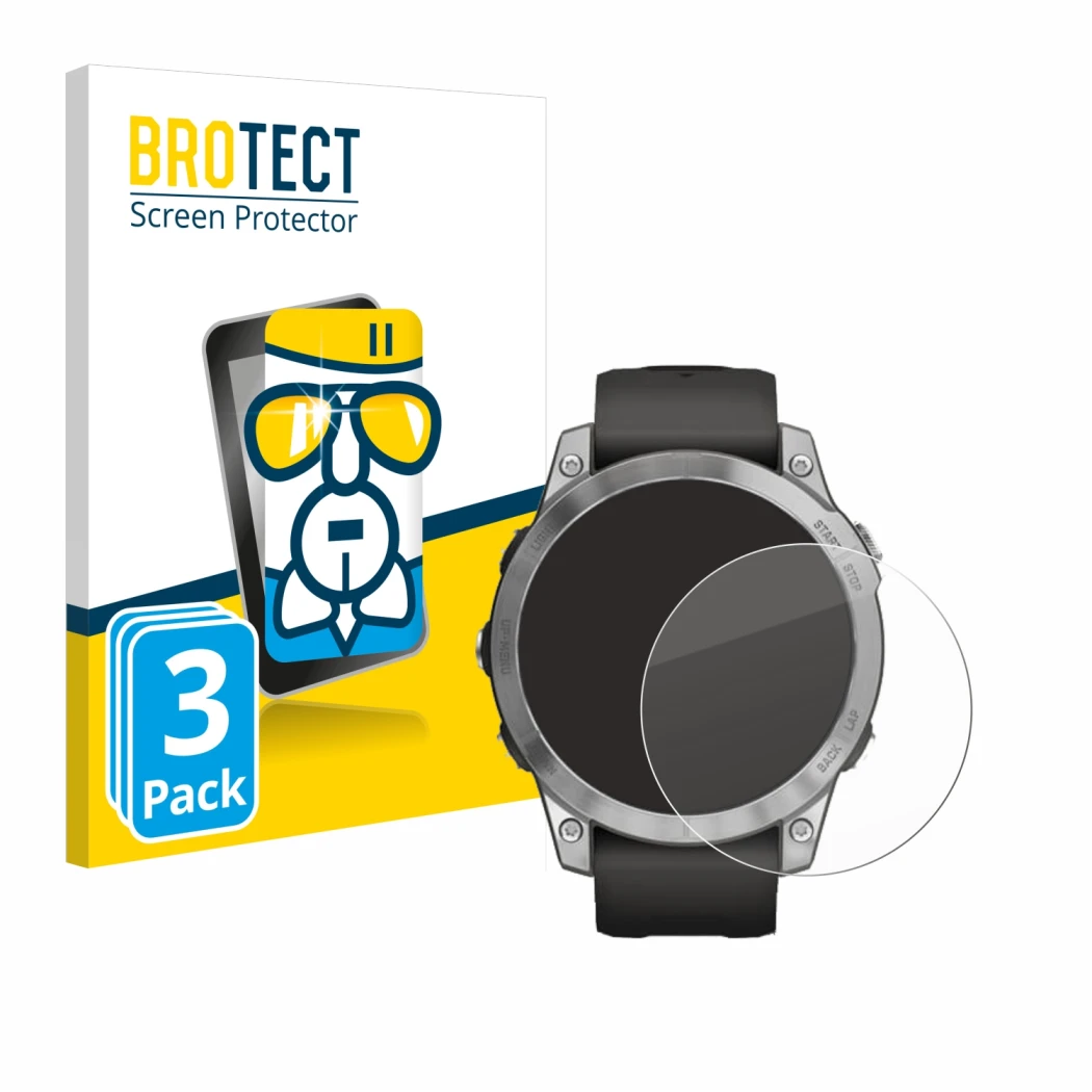 Face avant d’un emballage produit avec le logo de la marque BROTECT. À côté, l’appareil Garmin Fenix 7 (47 mm) est représenté 