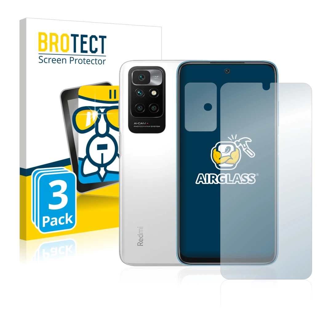 Face avant d’un emballage produit avec le logo de la marque BROTECT. À côté, l’appareil Xiaomi Redmi 10 (Avant+Caméra) est rep