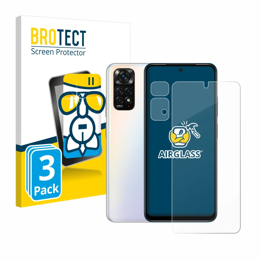 Face avant d’un emballage produit avec le logo de la marque BROTECT. À côté, l’appareil Xiaomi Redmi Note 11S (Avant+Caméra) e