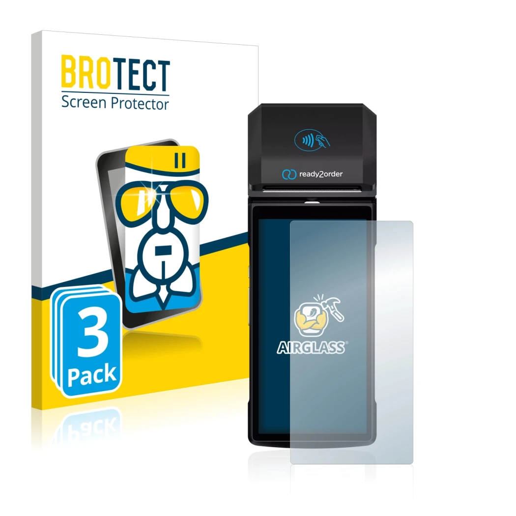 Face avant d’un emballage produit avec le logo de la marque BROTECT. À côté, l’appareil Ready2order ReadyGo est représenté ave