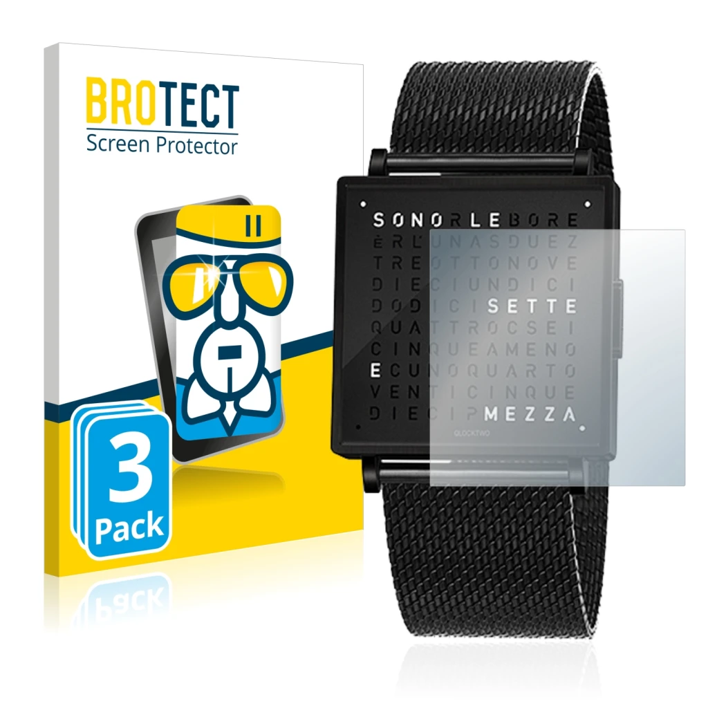 Face avant d’un emballage produit avec le logo de la marque BROTECT. À côté, l’appareil Qlocktwo W35 est représenté avec la pr