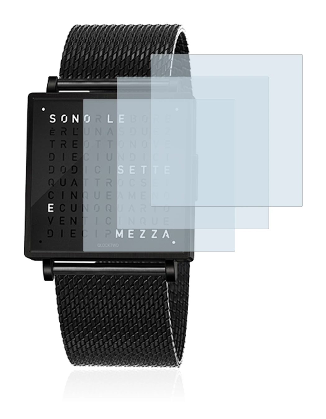 Image de l'appareil Qlocktwo W35 avec une grande variété de protections d'écran.