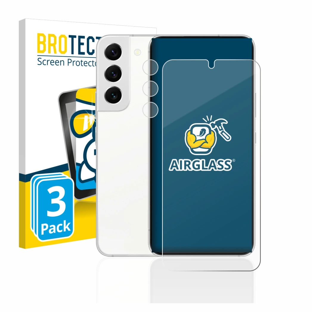 Face avant d’un emballage produit avec le logo de la marque BROTECT. À côté, l’appareil Samsung Galaxy S22 5G (Avant+Caméra) e