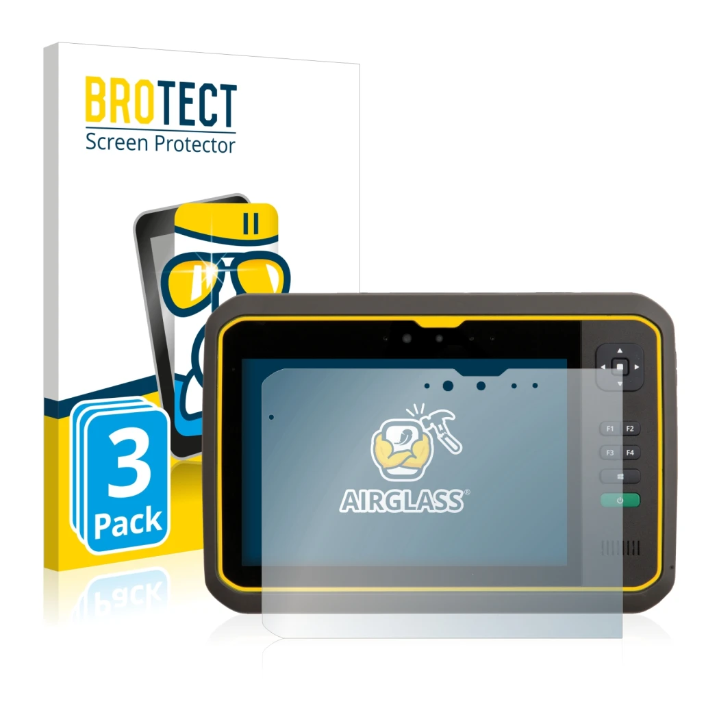 Face avant d’un emballage produit avec le logo de la marque BROTECT. À côté, l’appareil Trimble T7 est représenté avec la prot