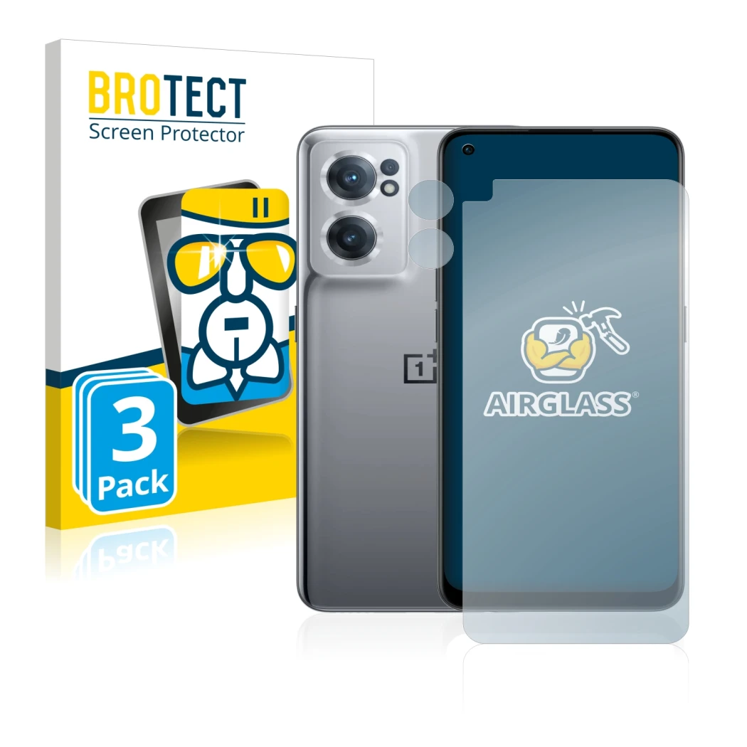 Face avant d’un emballage produit avec le logo de la marque BROTECT. À côté, l’appareil OnePlus Nord CE 2 5G (Avant+Caméra) es