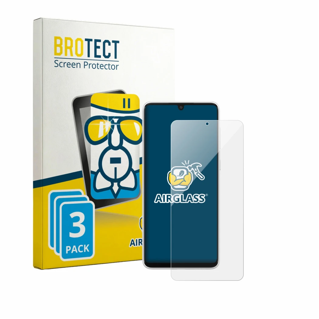 Face avant d’un emballage produit avec le logo de la marque BROTECT. À côté, l’appareil Samsung Galaxy A33 5G est représenté a