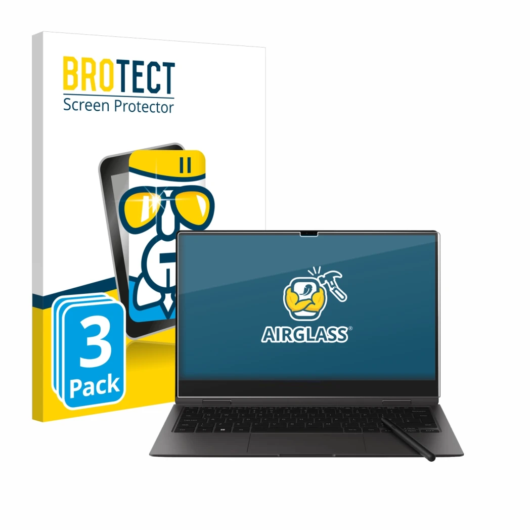 Face avant d’un emballage produit avec le logo de la marque BROTECT. À côté, l’appareil Samsung Galaxy Book2 Pro 360 13.3