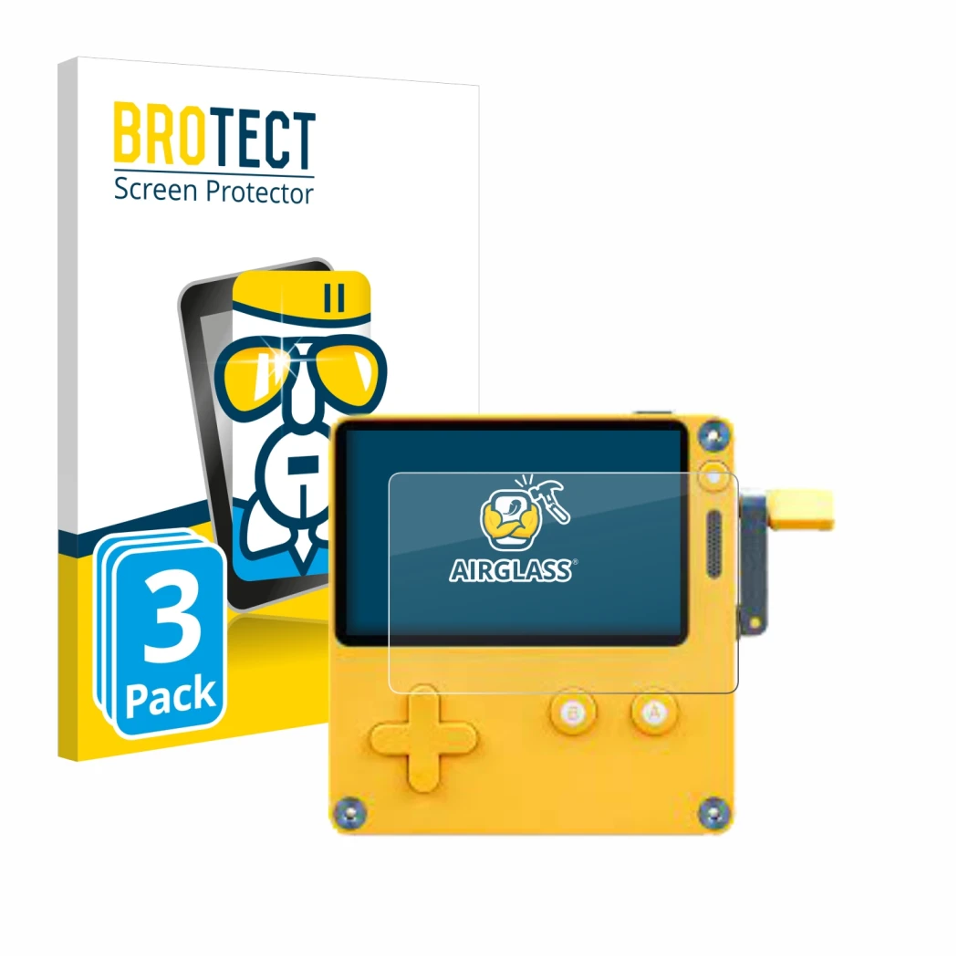 Face avant d’un emballage produit avec le logo de la marque BROTECT. À côté, l’appareil Panic Playdate est représenté avec la 