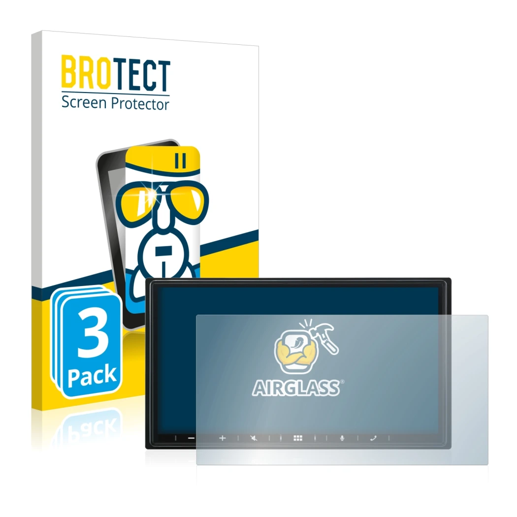 Face avant d’un emballage produit avec le logo de la marque BROTECT. À côté, l’appareil Alpine iLX-W690D est représenté avec l