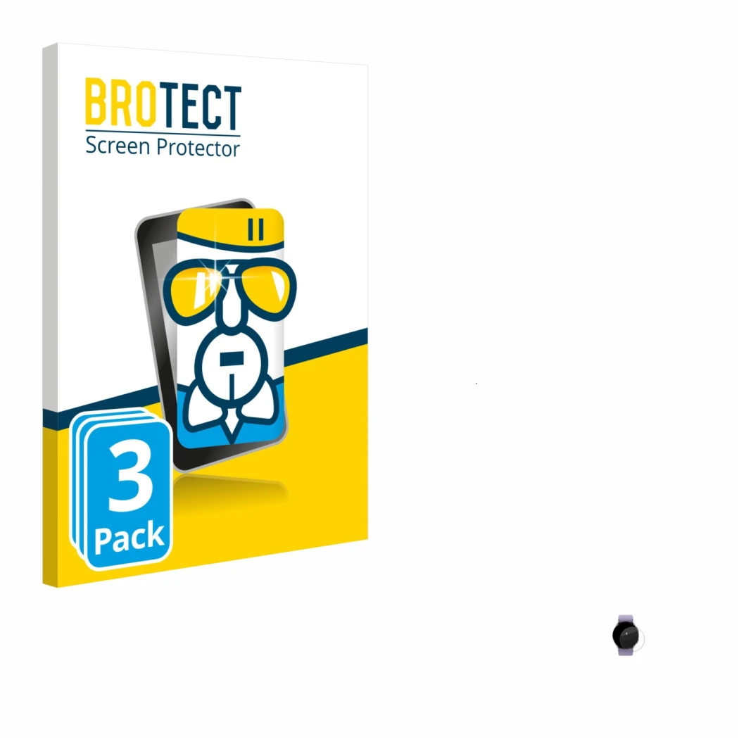 Face avant d’un emballage produit avec le logo de la marque BROTECT. À côté, l’appareil Samsung Galaxy Watch 5 (40mm) est repr