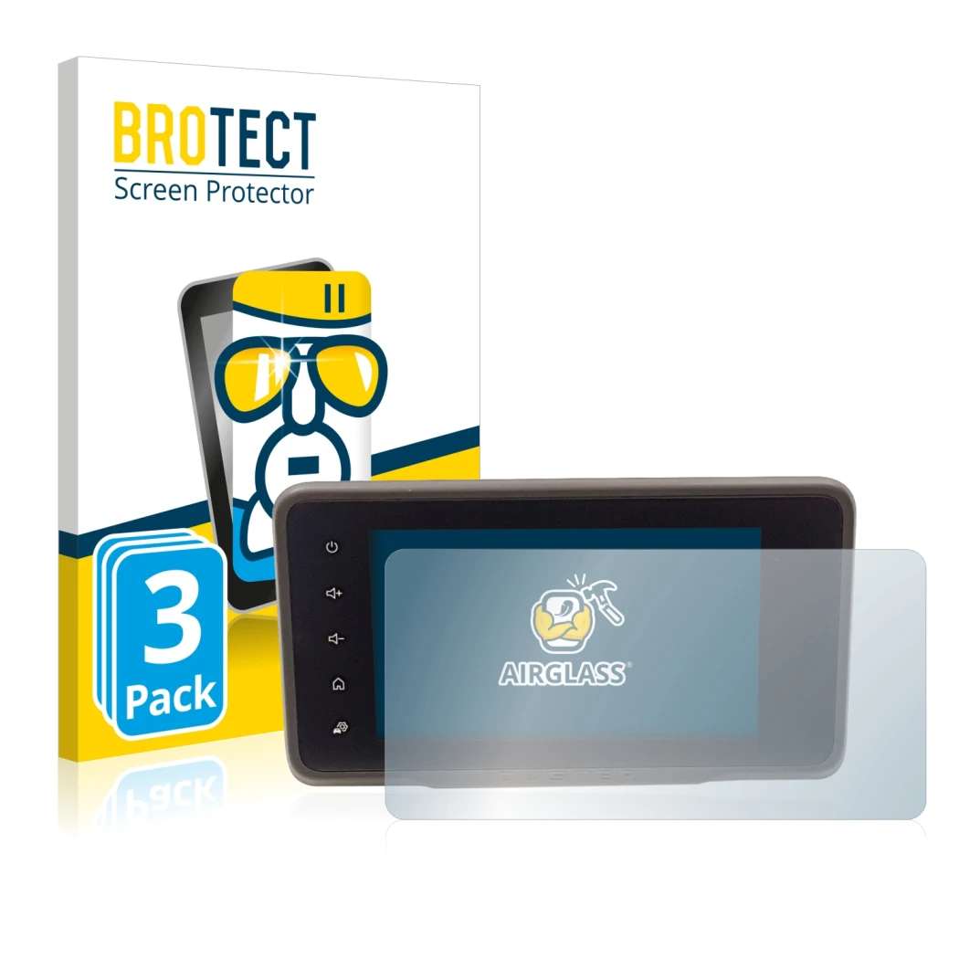 Face avant d’un emballage produit avec le logo de la marque BROTECT. À côté, l’appareil Dacia Duster 2 MediaDisplay est représ