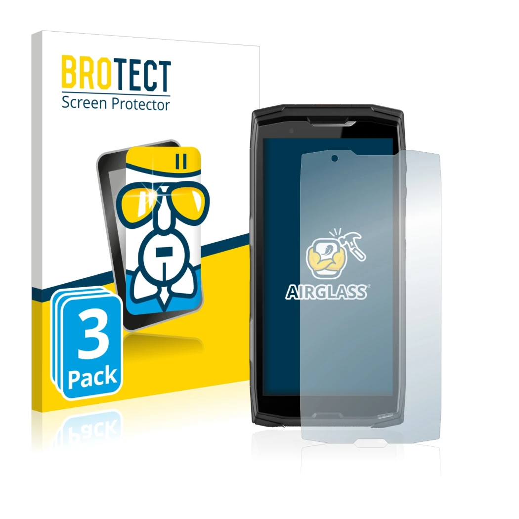 Face avant d’un emballage produit avec le logo de la marque BROTECT. À côté, l’appareil Crosscall Core-X5 est représenté avec
