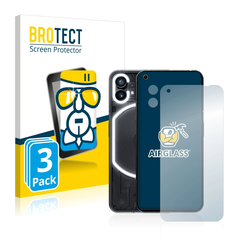 Face avant d’un emballage produit avec le logo de la marque BROTECT. À côté, l’appareil Nothing Phone (1) (Avant+Caméra) est r