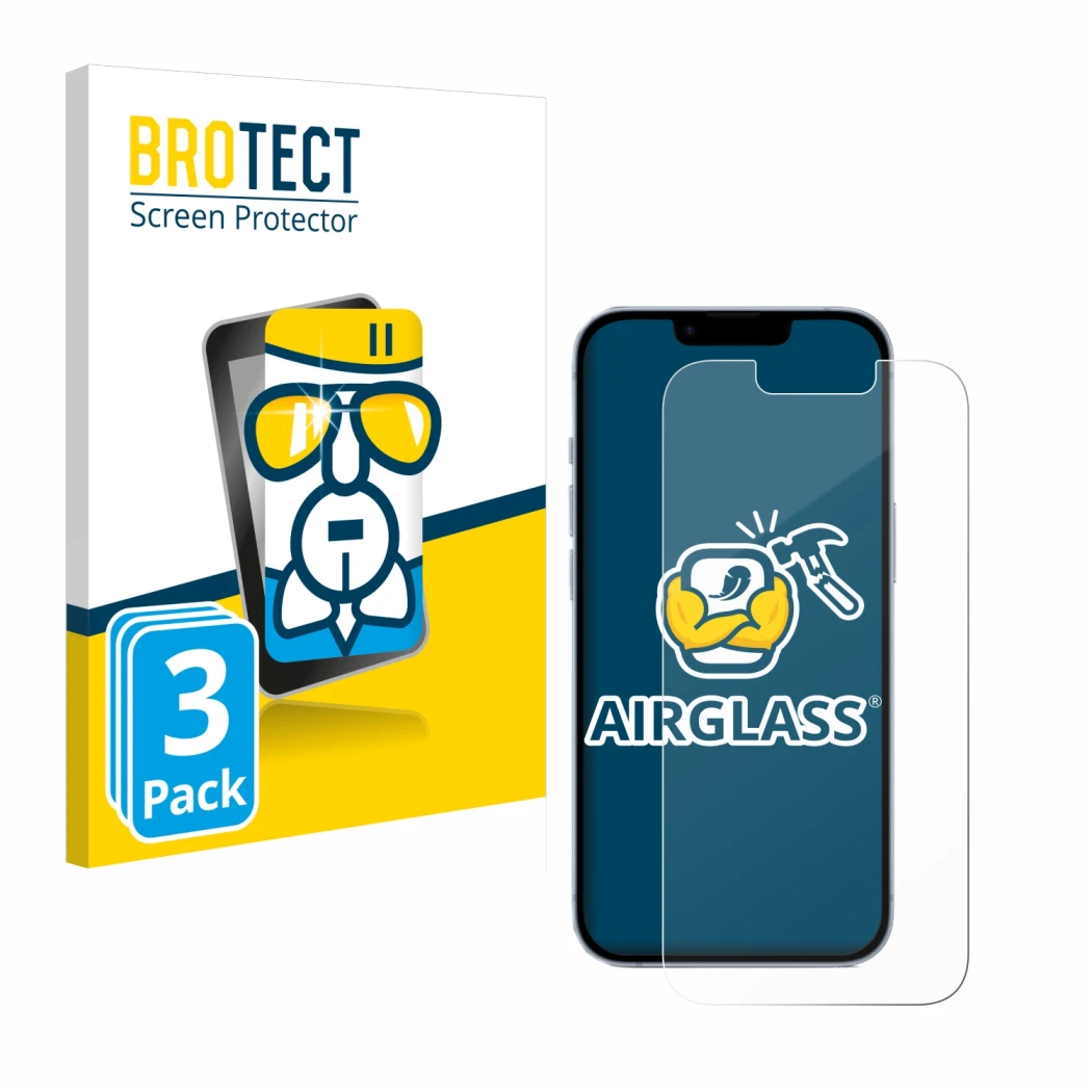 Face avant d’un emballage produit avec le logo de la marque BROTECT. À côté, l’appareil Apple iPhone 14 est représenté avec la