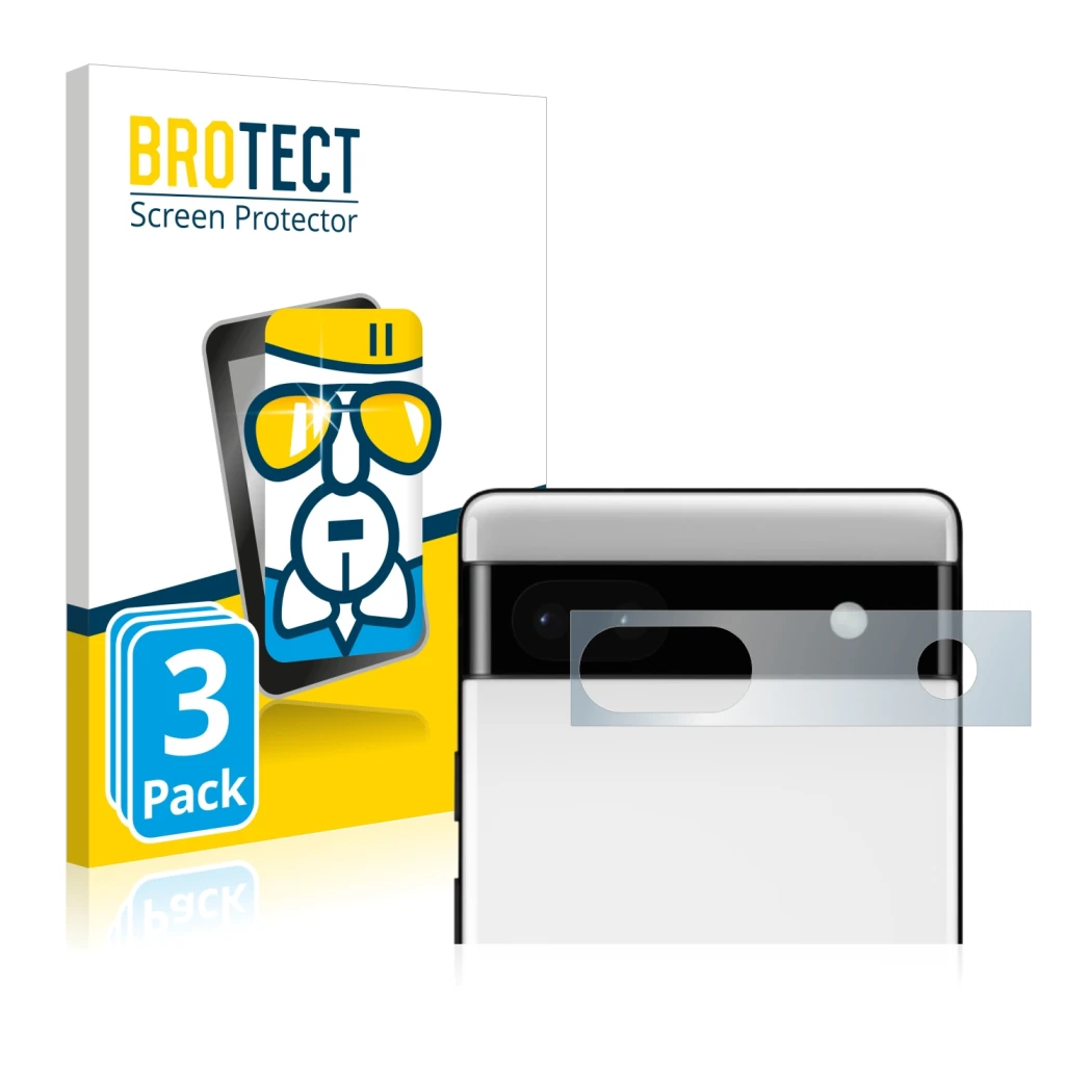 Face avant d’un emballage produit avec le logo de la marque BROTECT. À côté, l’appareil Google Pixel 6a (Caméra UNIQUEMENT) es