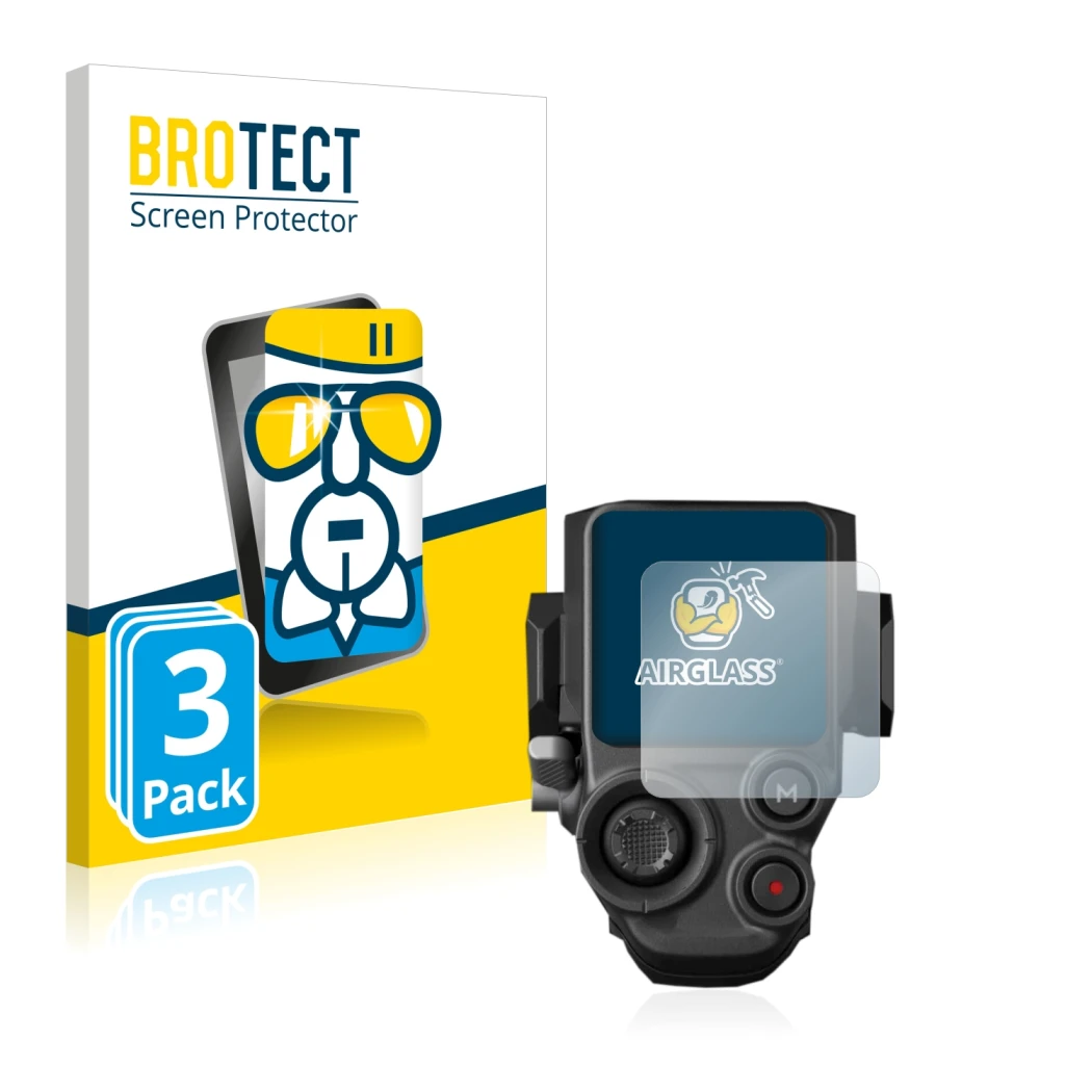 Face avant d’un emballage produit avec le logo de la marque BROTECT. À côté, l’appareil DJI RS 3 est représenté avec la protec