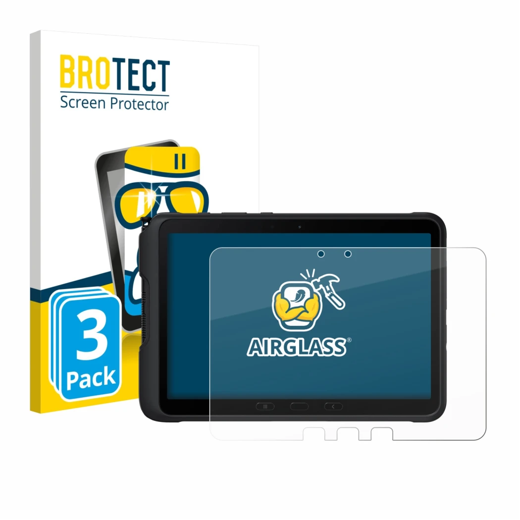 Face avant d’un emballage produit avec le logo de la marque BROTECT. À côté, l’appareil Samsung Galaxy Tab Active 4 Pro est re