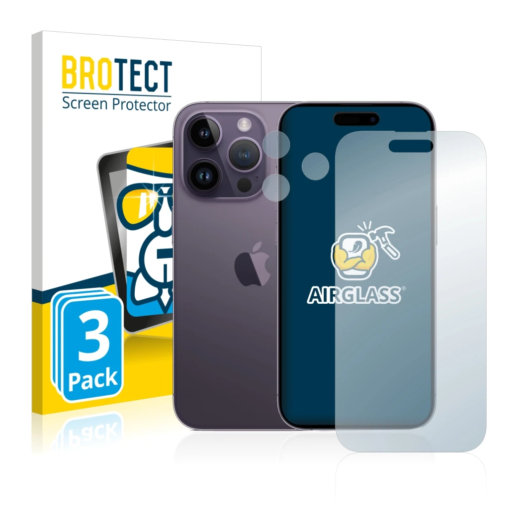 Face avant d’un emballage produit avec le logo de la marque BROTECT. À côté, l’appareil Apple iPhone 14 Pro (Avant+Caméra) est