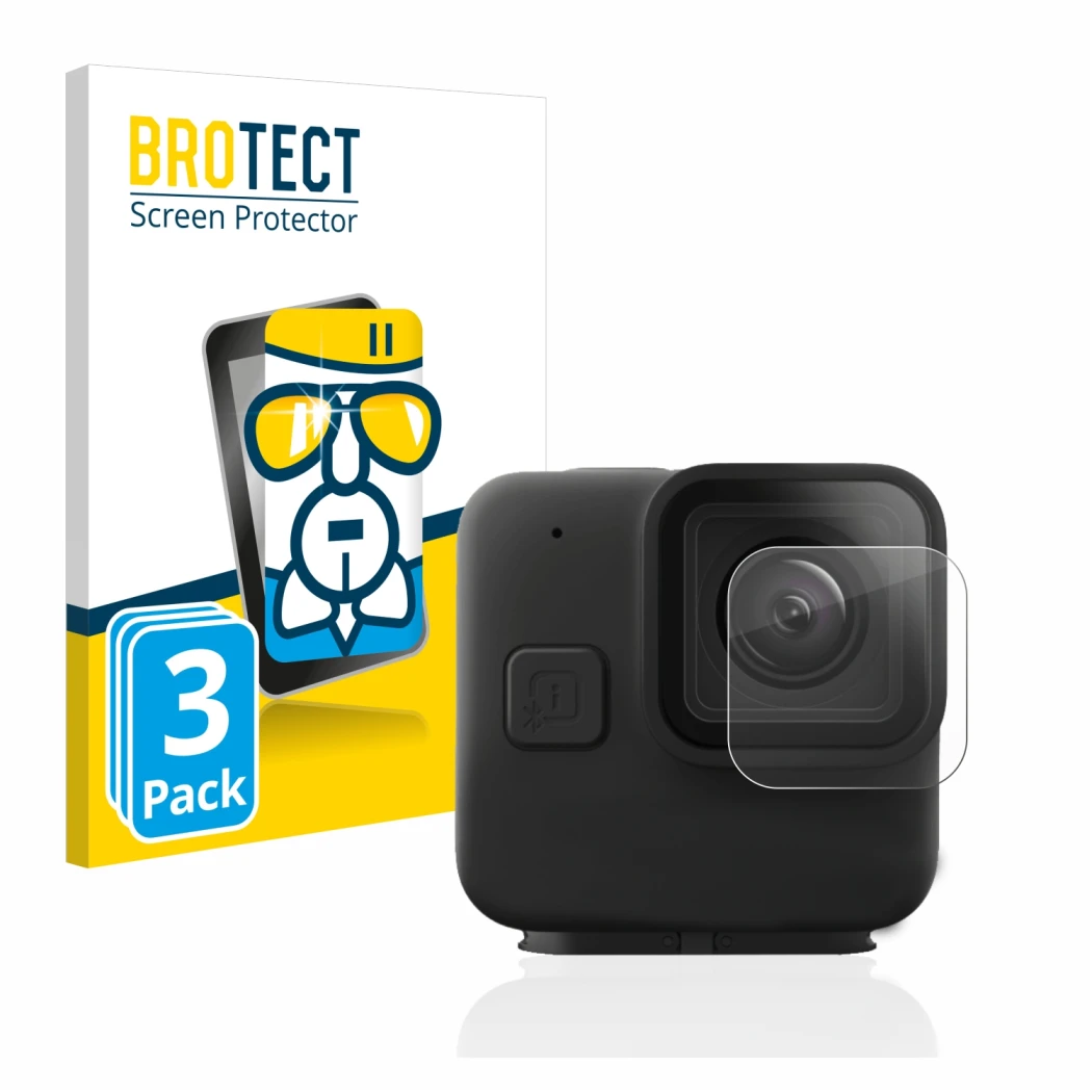 Face avant d’un emballage produit avec le logo de la marque BROTECT. À côté, l’appareil GoPro Hero 11 mini Lentille (Caisse) e