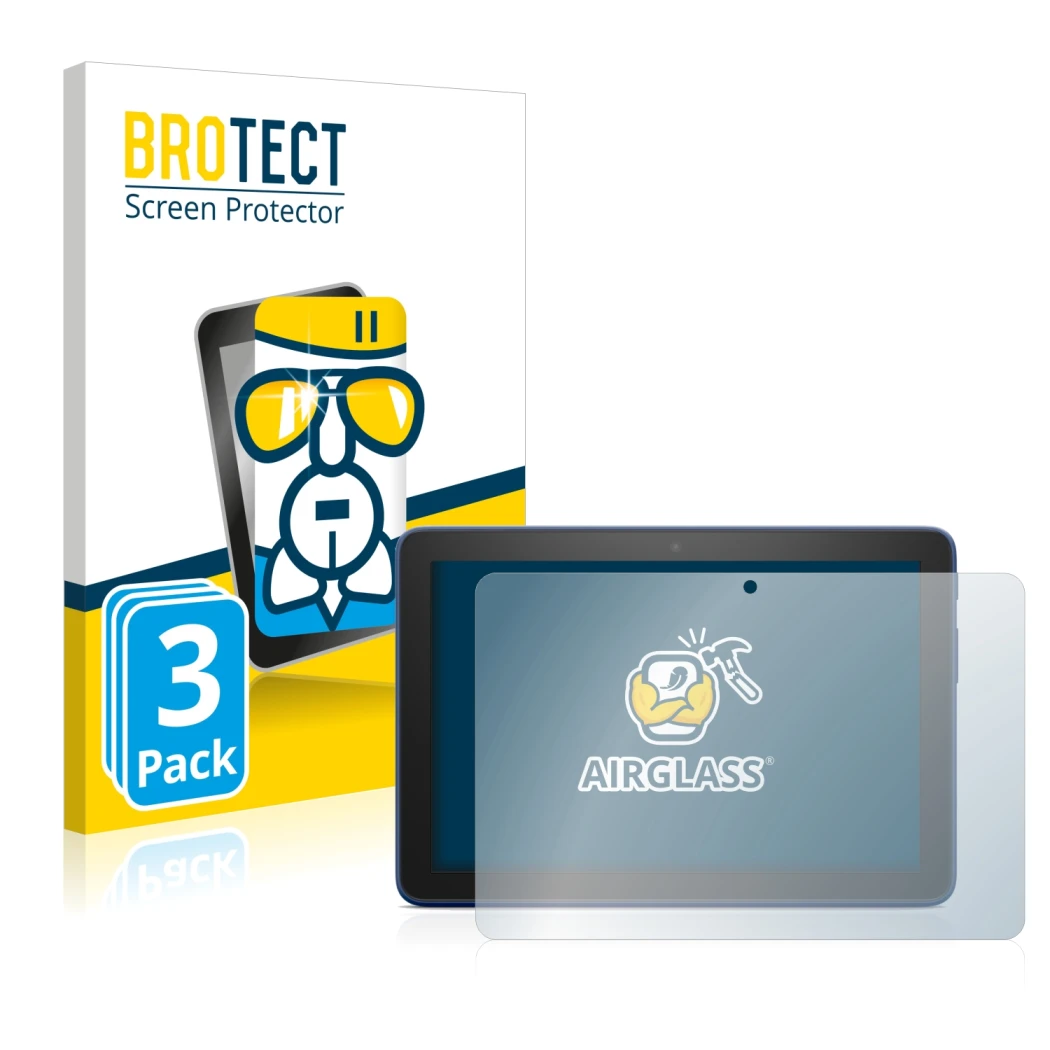 Face avant d’un emballage produit avec le logo de la marque BROTECT. À côté, l’appareil Amazon Fire HD 8 Plus 2022 est représe