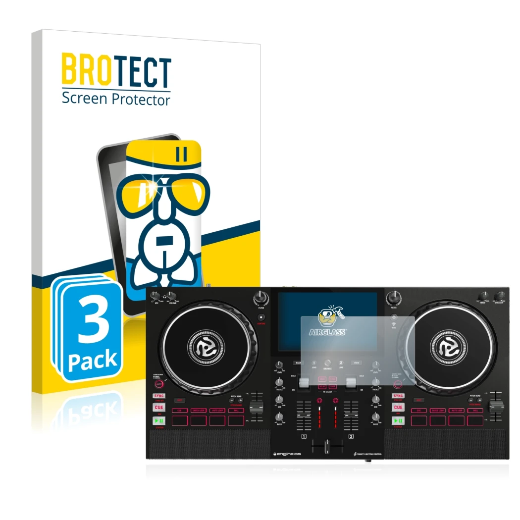 Face avant d’un emballage produit avec le logo de la marque BROTECT. À côté, l’appareil Numark Mixstream Pro est représenté av