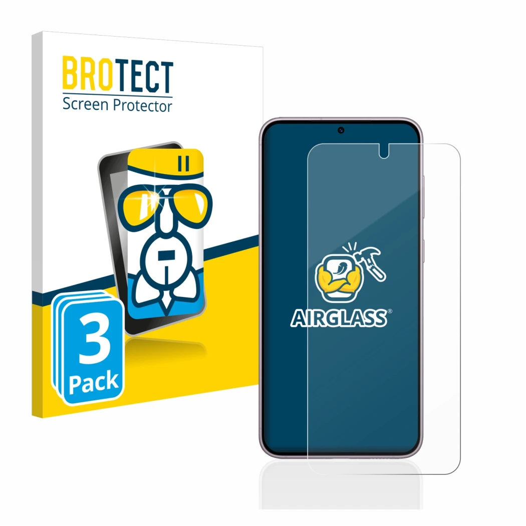 Face avant d’un emballage produit avec le logo de la marque BROTECT. À côté, l’appareil Samsung Galaxy S23 est représenté avec